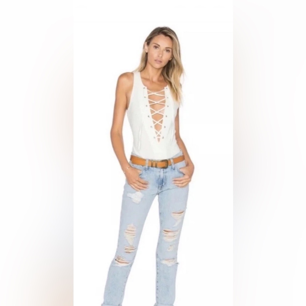 Tularosa Nile Lace Up Sleeveless Thong Bodysuit Size small Color Stone EUC